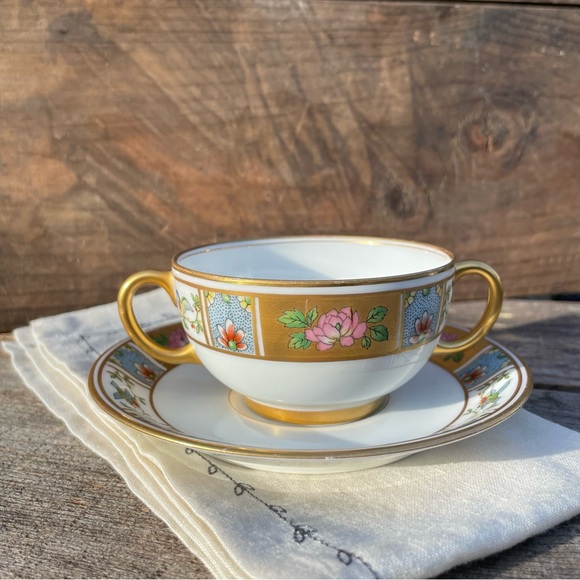 Antique U.C. Limoges France Double Handled Bouillon Cup & Saucer Vintage - Picture 16 of 16